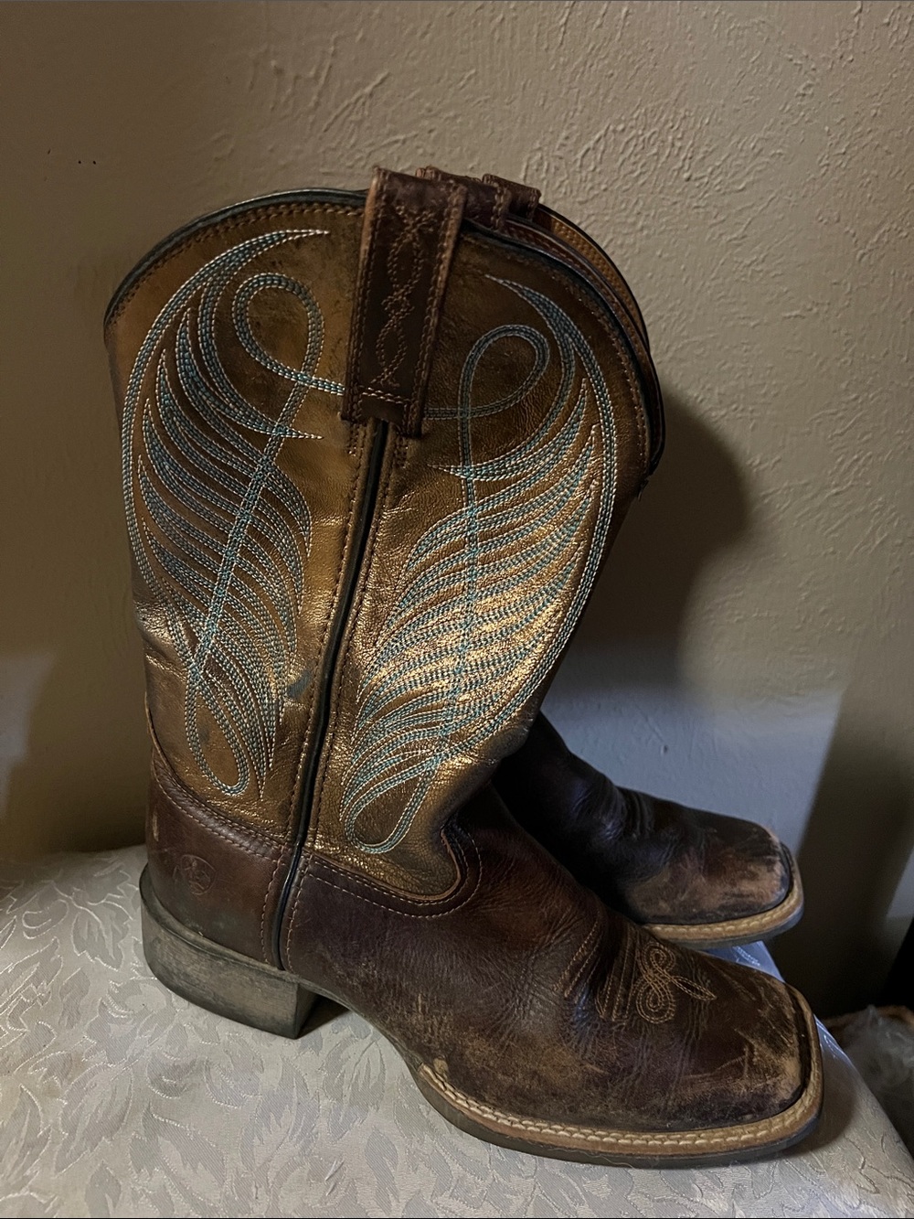 Ariat Brown Leather Western Combat Boots with Blue Stitching